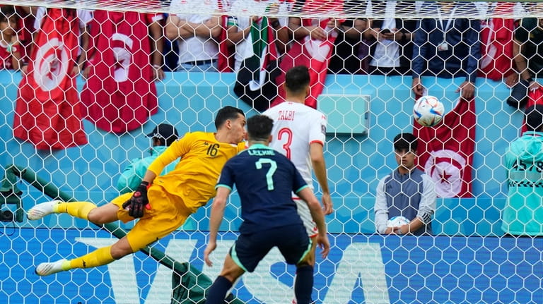Tunisia's goalkeeper Aymen Dahmen fails to stop the ball as...
