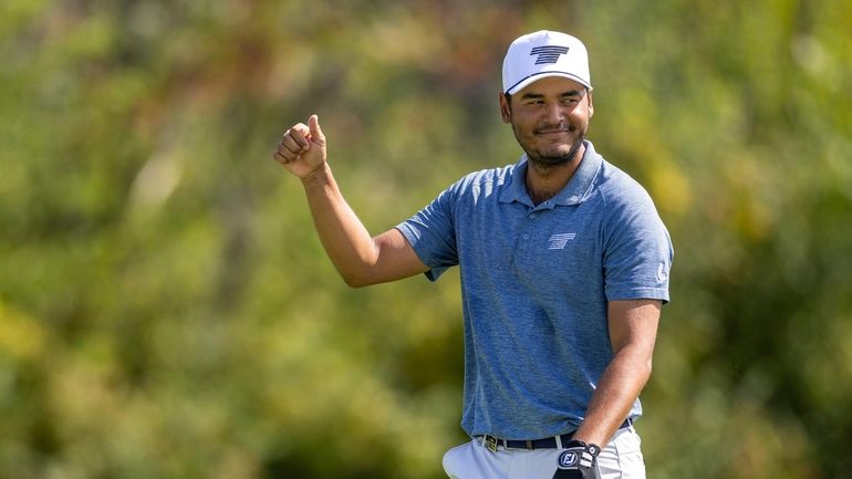 Sebastián Muñoz of Torque GC reacts after making eagle on...