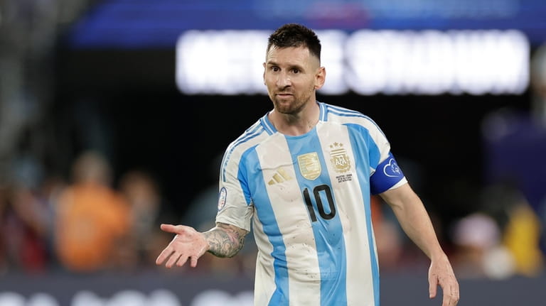 Argentina's Lionel Messi gestures during a Copa America semifinal soccer...