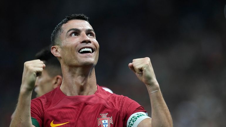 Portugal's Cristiano Ronaldo celebrates his side's opening goal during the...