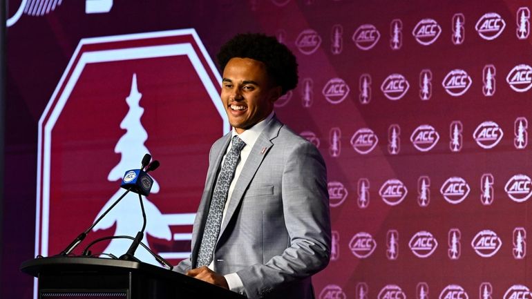 Stanford quarterback Ashton Daniels speaks during the Atlantic Coast Conference...