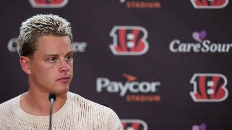 Cincinnati Bengals quarterback Joe Burrow speaks during a news conference...