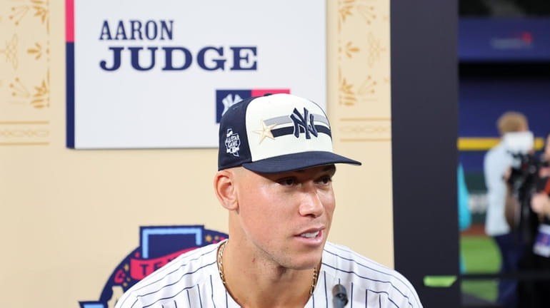 Aaron Judge of the New York Yankees speaks to the...