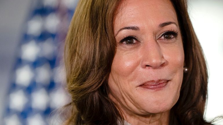 Vice President Kamala Harris speaks at her campaign headquarters in...