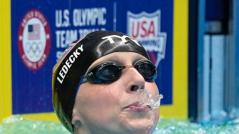 Katie Ledecky after a Women's 800 freestyle preliminary heat Friday,...