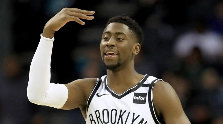 Caris LeVert of the Nets reacts against the Hornets during...