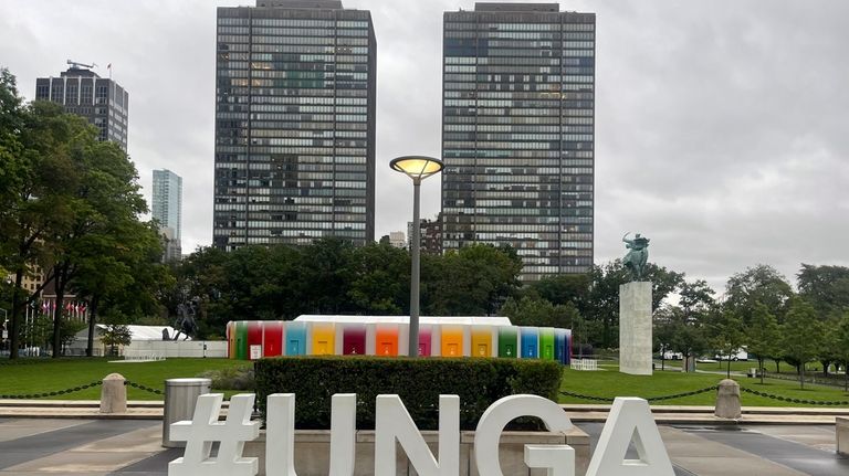 The hashtag “#UNGA” sign is shown outside the U.N. General...