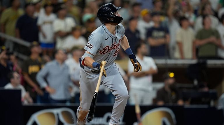 Detroit Tigers' Parker Meadows watches his grand slam during the...