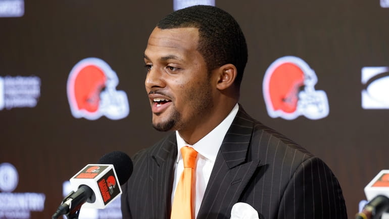 FILE - Cleveland Browns new quarterback Deshaun Watson speaks during...
