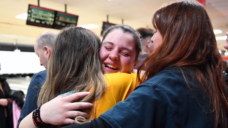 Morgan Winchell of Sewanhaka celebrates after winning the Nassau girls individual bowling championship...