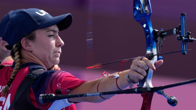 United States' Casey Kaufhold shoots an arrow during the women's...