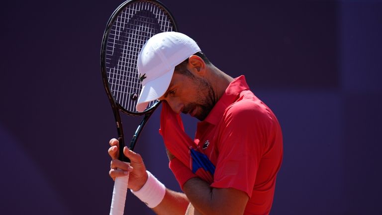 Serbia's Novak Djokovic wipes his face as he plays Spain's...