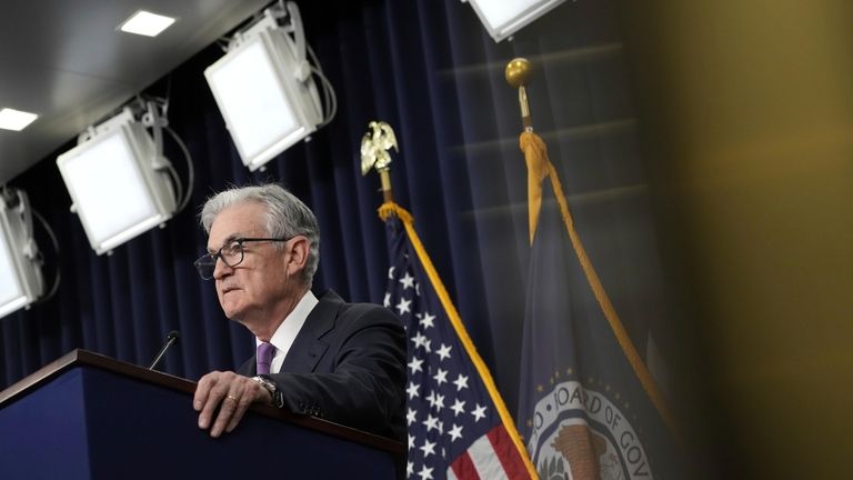 Federal Reserve Chairman Jerome Powell speaks during a news conference...