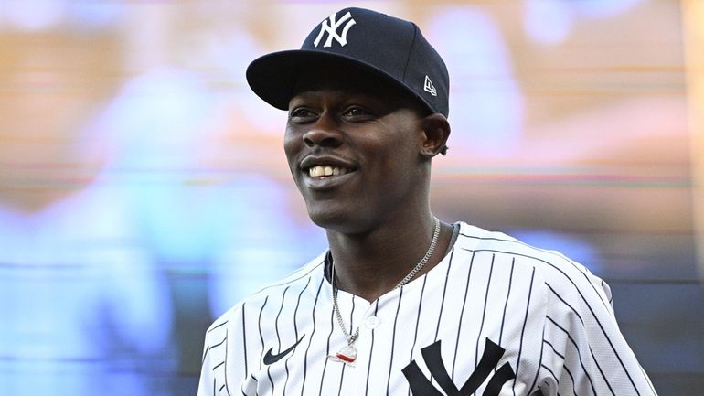 Yankees third baseman Jazz Chisholm Jr. looks on before an...