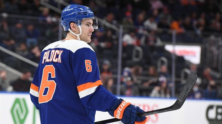 Islanders defenseman Ryan Pulock looks on against the Ottawa Senators...