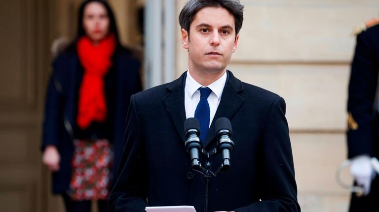 Gabriel Attal delivers his speech after the handover ceremony, Tuesday,...