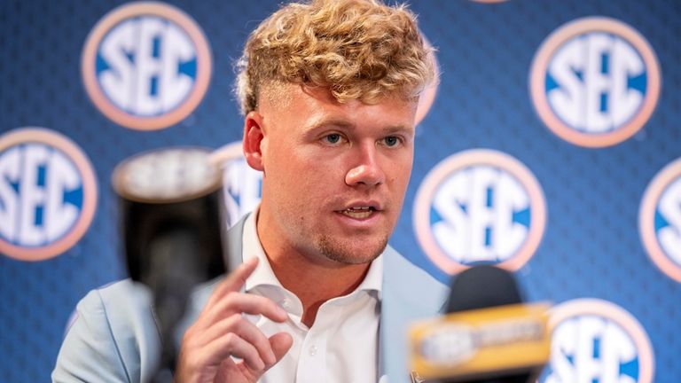 Mississippi State quarterback Blake Shapen speaks during the Southeastern Conference...