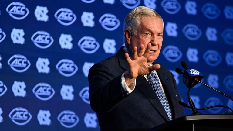 North Carolina head coach Mack Brown speaks during the Atlantic...