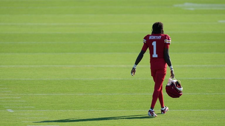 Kansas City Chiefs wide receiver Xavier Worthy waits to practice...