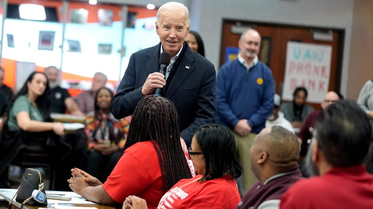 President Joe Biden addresses UAW members during a campaign stop,...