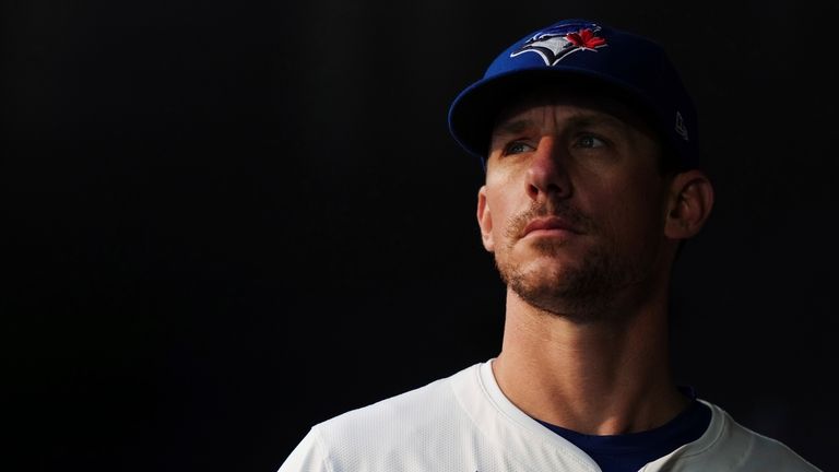 Toronto Blue Jays pitcher Chris Bassitt (40) watches from the...