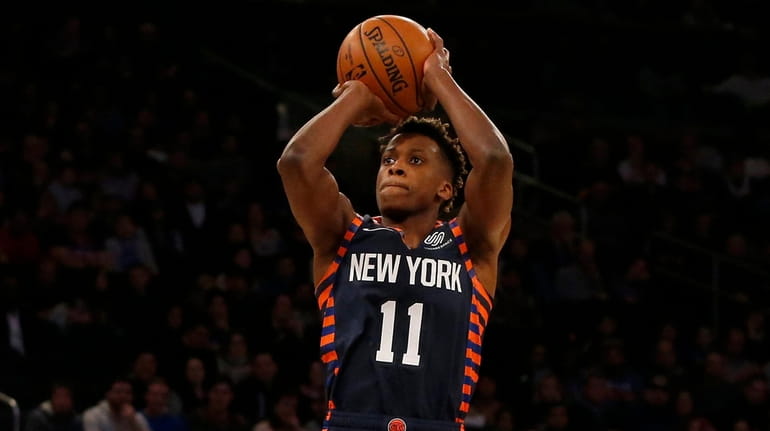 Frank Ntilikina of the Knicks takes a shot during the...