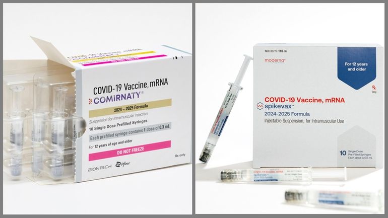 The two updated COVID-19 vaccines from Pfizer, left, and Moderna, for...