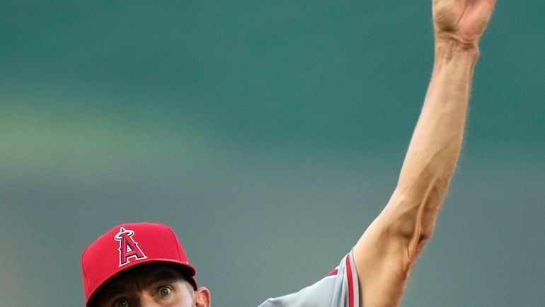 Los Angeles Angels starting pitcher Tyler Anderson throws during the...