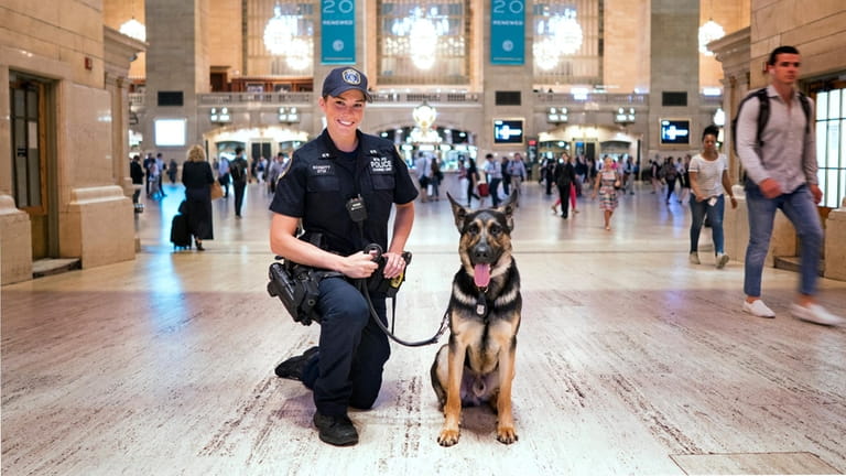 Alison Gentile, a police officer with the MTA canine unit,...