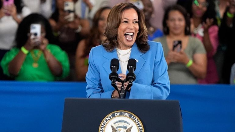 Vice President Kamala Harris speaks at a campaign event at...