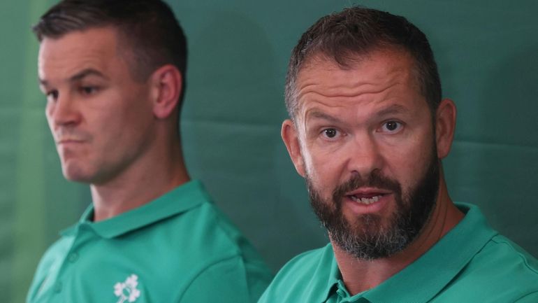 Ireland's Head Coach Andy Farrell, right, and Jonathan Sexton during...