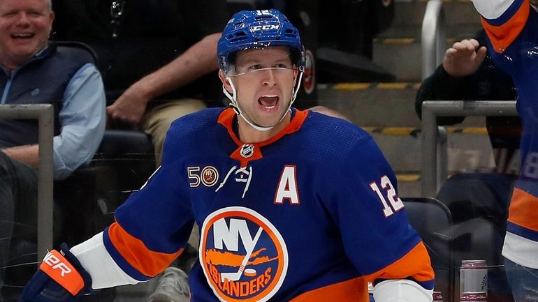 Josh Bailey #12 of the New York Islanders celebrates his...