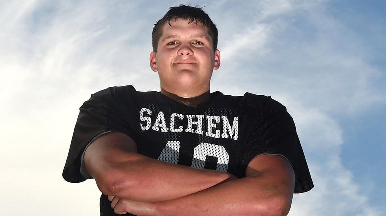 Sachem North lineman Joe Cruz at practice on Monday, August 30,...