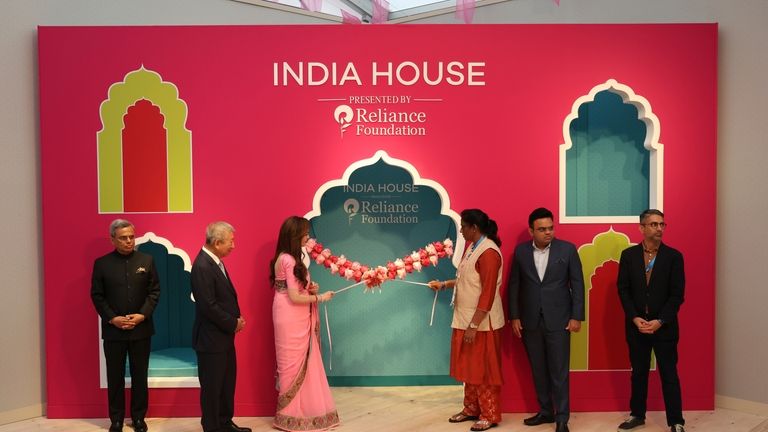 India's Nita Ambani, third left, inaugurates the Indian House at...