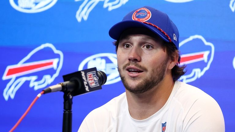 Buffalo Bills quarterback Josh Allen answers a question during a...