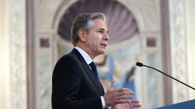 U.S. Secretary of State Antony Blinken addresses students and and...