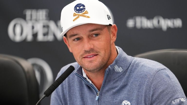 Bryson DeChambeau of the United States speaks during a press...