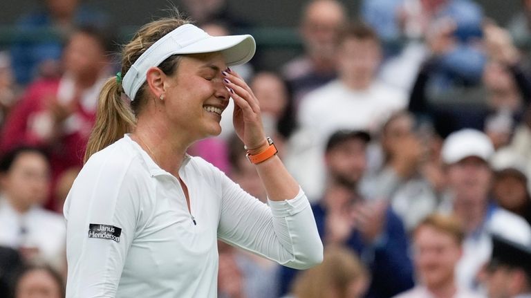 Donna Vekic of Croatia reacts after defeating Lulu Sun of...