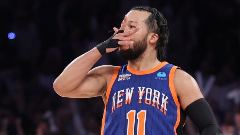 New York Knicks guard Jalen Brunson after he nails a 3-pointer...