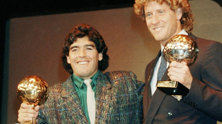 Argentina's soccer star Diego Maradona, left, and West German goalkeeper...