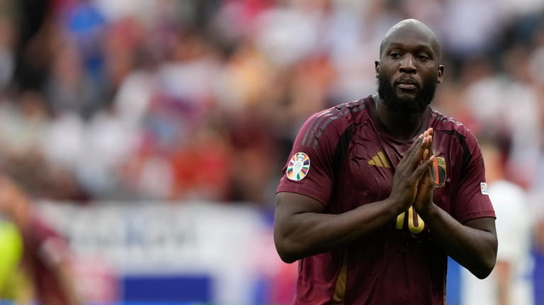 Belgium's Romelu Lukaku gestures on the pitch during a Group...