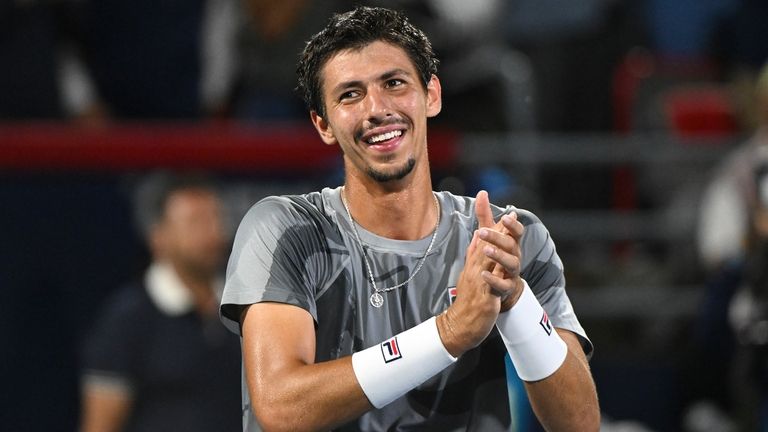 Alexei Popyrin, of Australia, reacts after defeating Andrey Rublev, of...