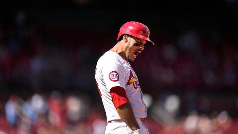 St. Louis Cardinals' Nolan Arenado celebrates after hitting an RBI...