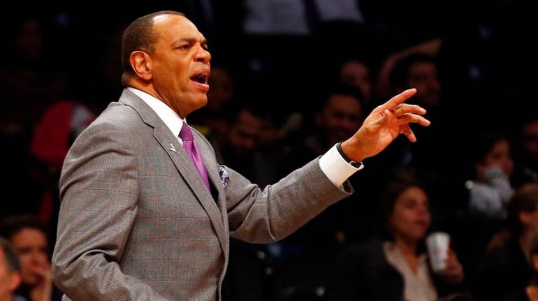 Head coach Lionel Hollins of the Brooklyn Nets reacts during...