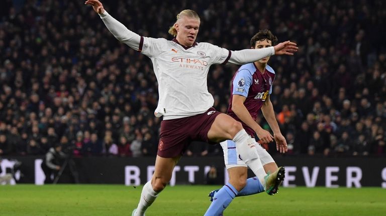 Manchester City's Erling Haaland controls the ball during the English...