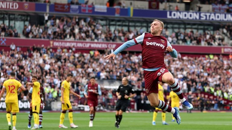 West Ham United's Jarrod Bowen celebrates scoring during the English...