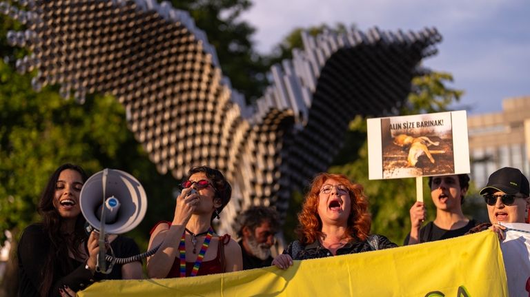 Pro animal rights activists shout slogans during a protest in...