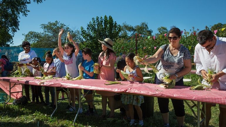 Attendees participate in a corn husking contest at the annual Queens...