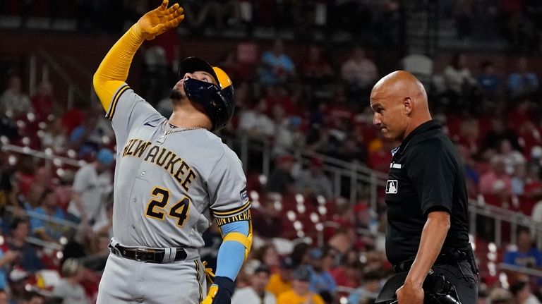 Milwaukee Brewers' William Contreras celebrates after hitting a solo home...