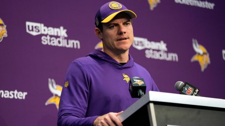 Minnesota Vikings head coach Kevin O'Connell speaks during a news...